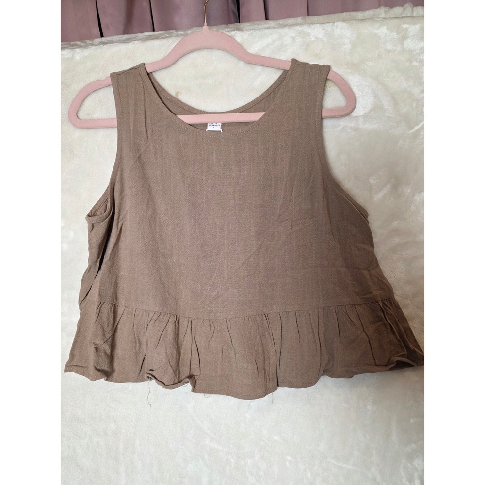 Anrabess Womens Linen Blend Peplum Tank Top Brown Button Back Sleeveless Large